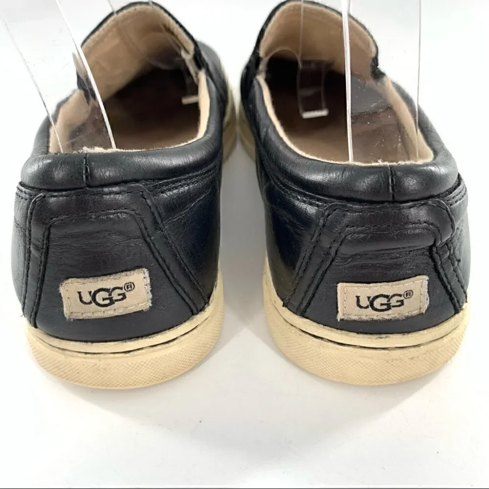 Ugg slip on sneakers size 8 39 black leather fleece wool lining flatforms